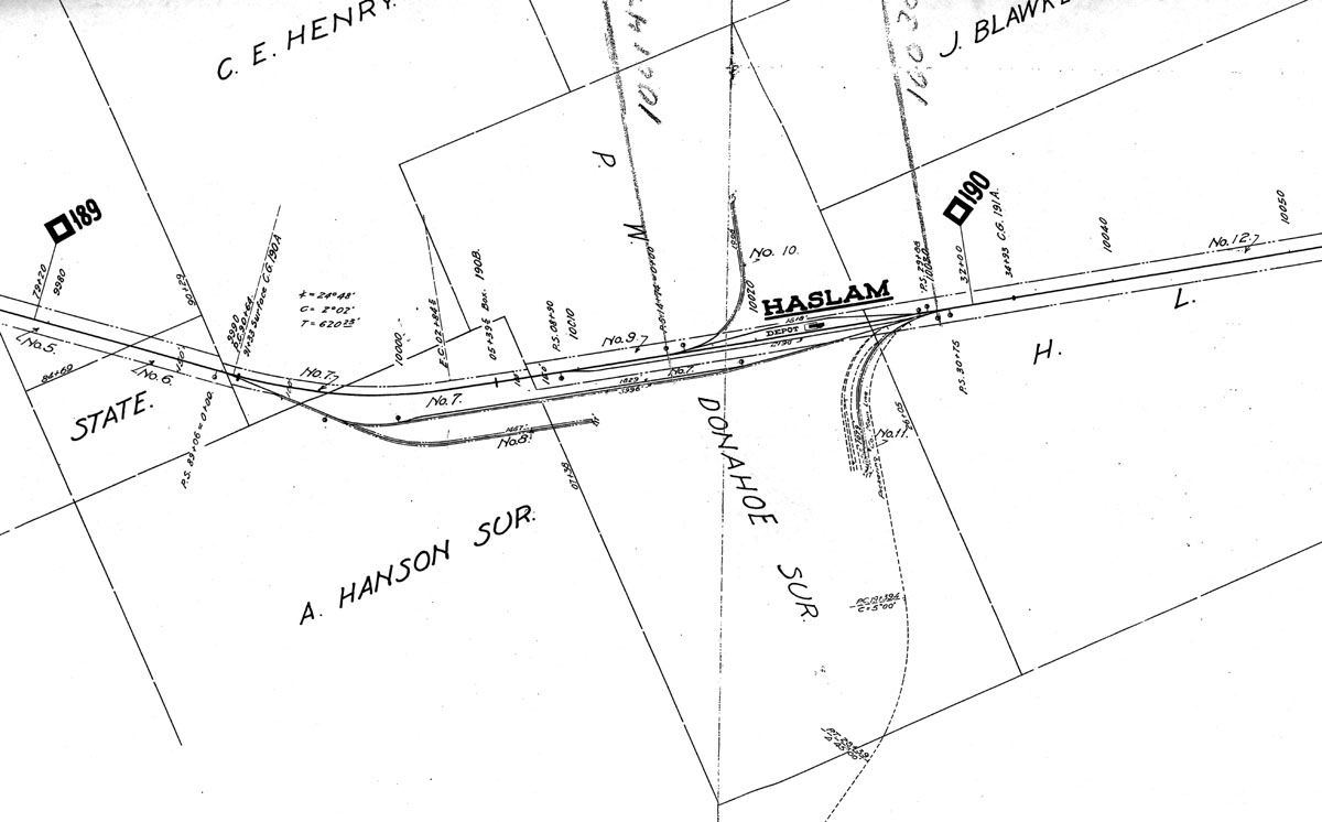 W.R. Pickering Lumber Company, map showing industrial tracks and tram connection with the Houston East & West Texas Ry. at Haslam, Texas in 1918.
